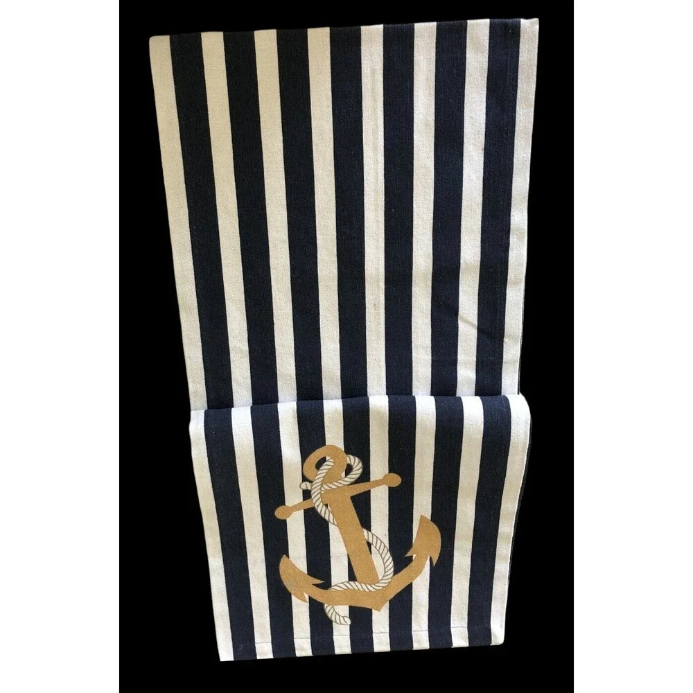 Nautical Anchor Table Runner Navy Blue White Stripe Beach Summer House 13X70